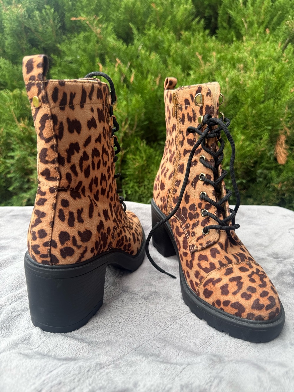Leopard Print Lace-Up Block Heel Boots